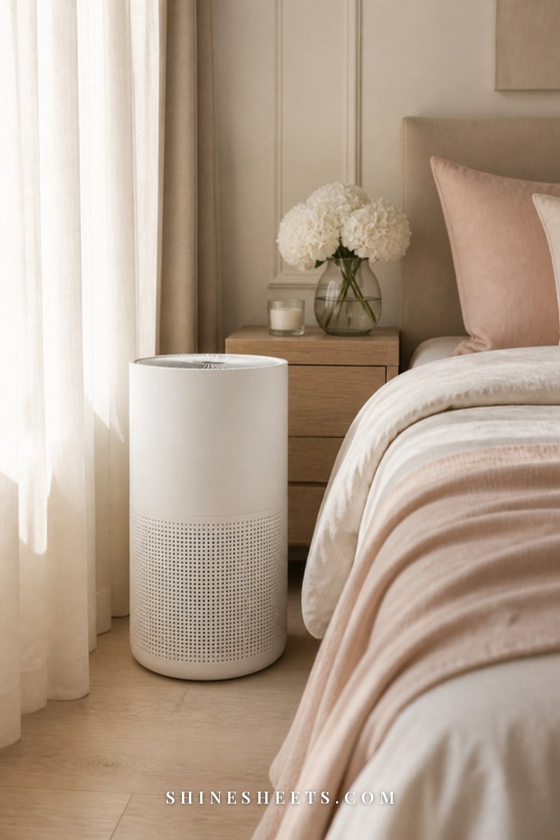 White HEPA air purifier on a light wood floor beside a cream bed with linen bedding and sheer curtains