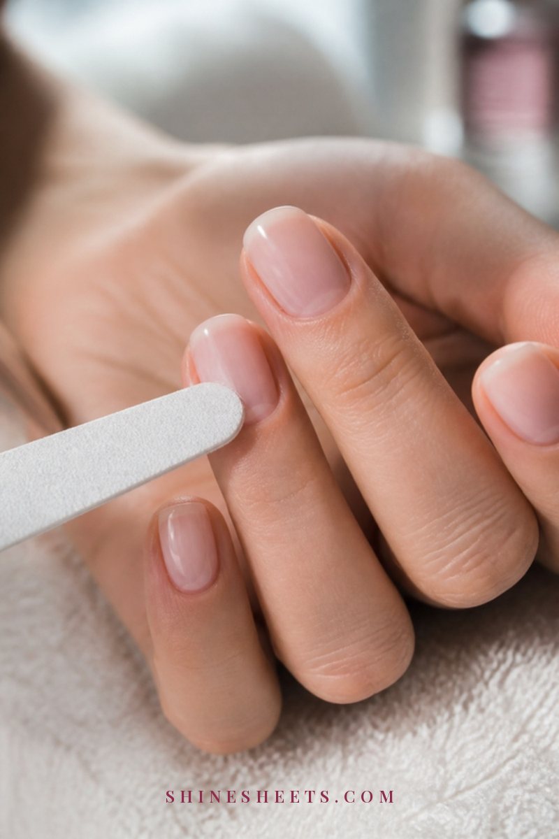 Close-up of a woman's hand as a fine file gently buffs the glossy top coat of a sheer pink gel nail