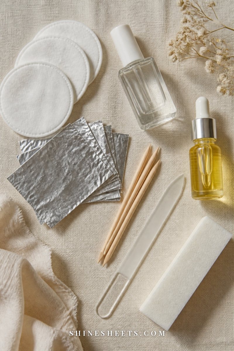 Gel removal tools on cream linen: cotton pads, foil wraps, orangewood sticks, a glass nail file and cuticle oil