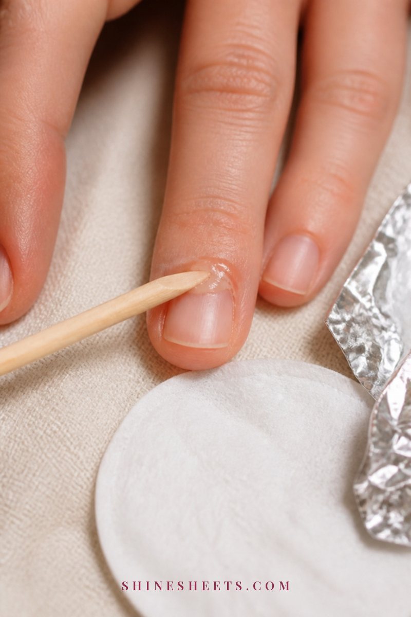 Orangewood stick gently easing softened gel from a woman's natural nail, with cotton and foil beside the hand