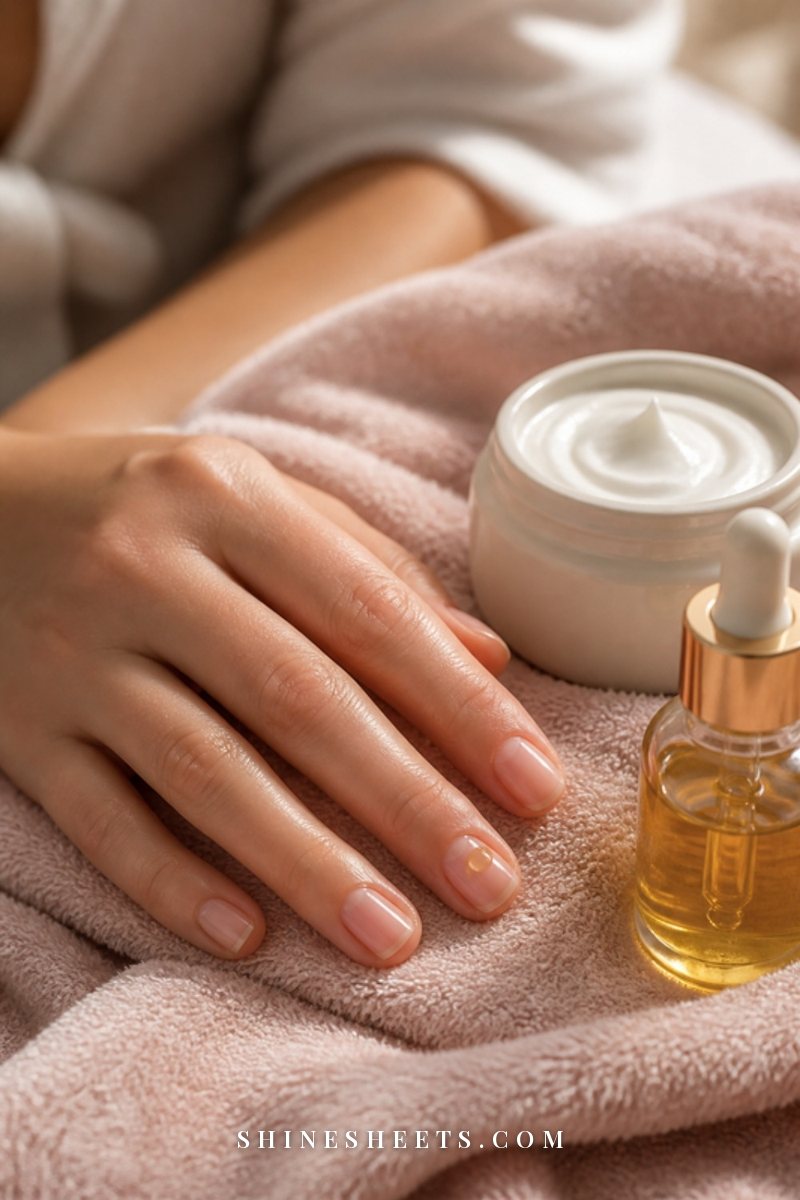 Woman's bare natural nails glistening with cuticle oil, a cream hand cream jar and a soft towel nearby