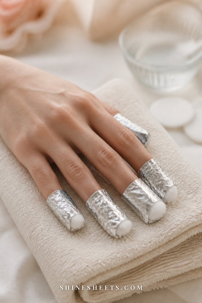 Woman's fingertips wrapped in small neat foil pieces over cotton pads, resting on a cream towel