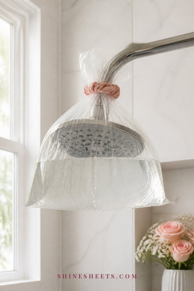 A chrome rain showerhead wrapped in a clear bag of liquid and tied with a band in a bright white tiled shower