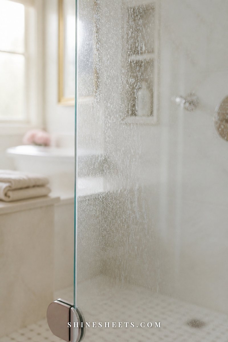 Close-up of a glass shower door with faint white mineral spots in a bright cream and white bathroom