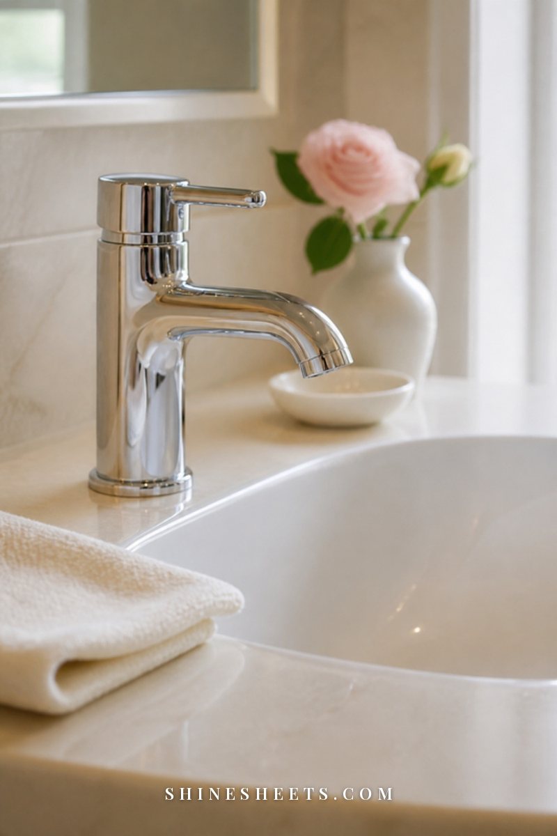 A gleaming chrome faucet on a white bathroom sink with a folded cream microfiber cloth beside it