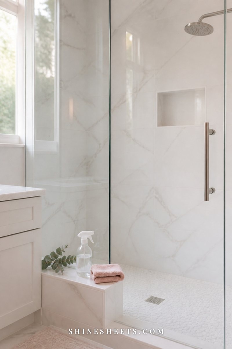 A white glass spray bottle and a folded blush microfiber cloth on the ledge of a gleaming glass shower in a bright marble-look bathroom