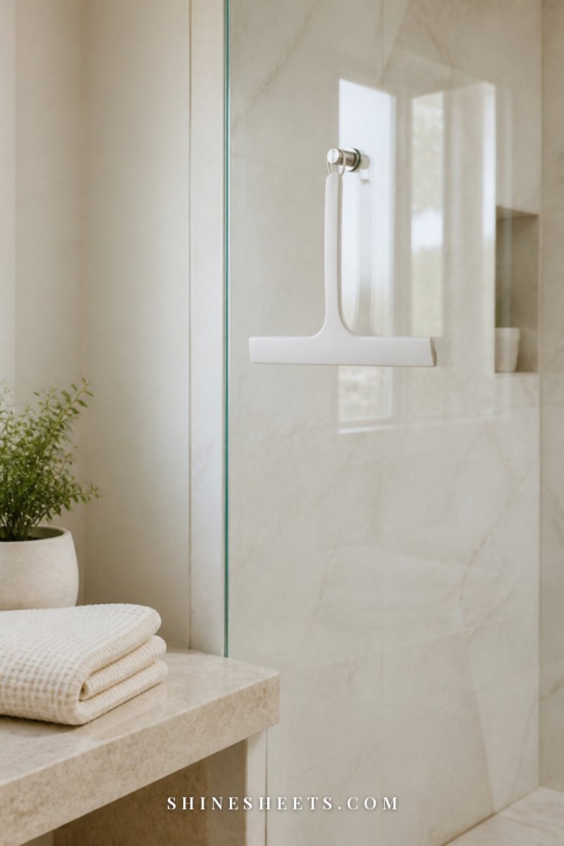 A white shower squeegee hanging on a spotless glass shower wall next to a folded cream towel in a bright bathroom