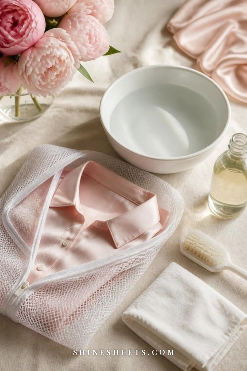 Folded blush silk blouse inside a white mesh laundry bag next to a white bowl of cool water and a soft brush on cream linen