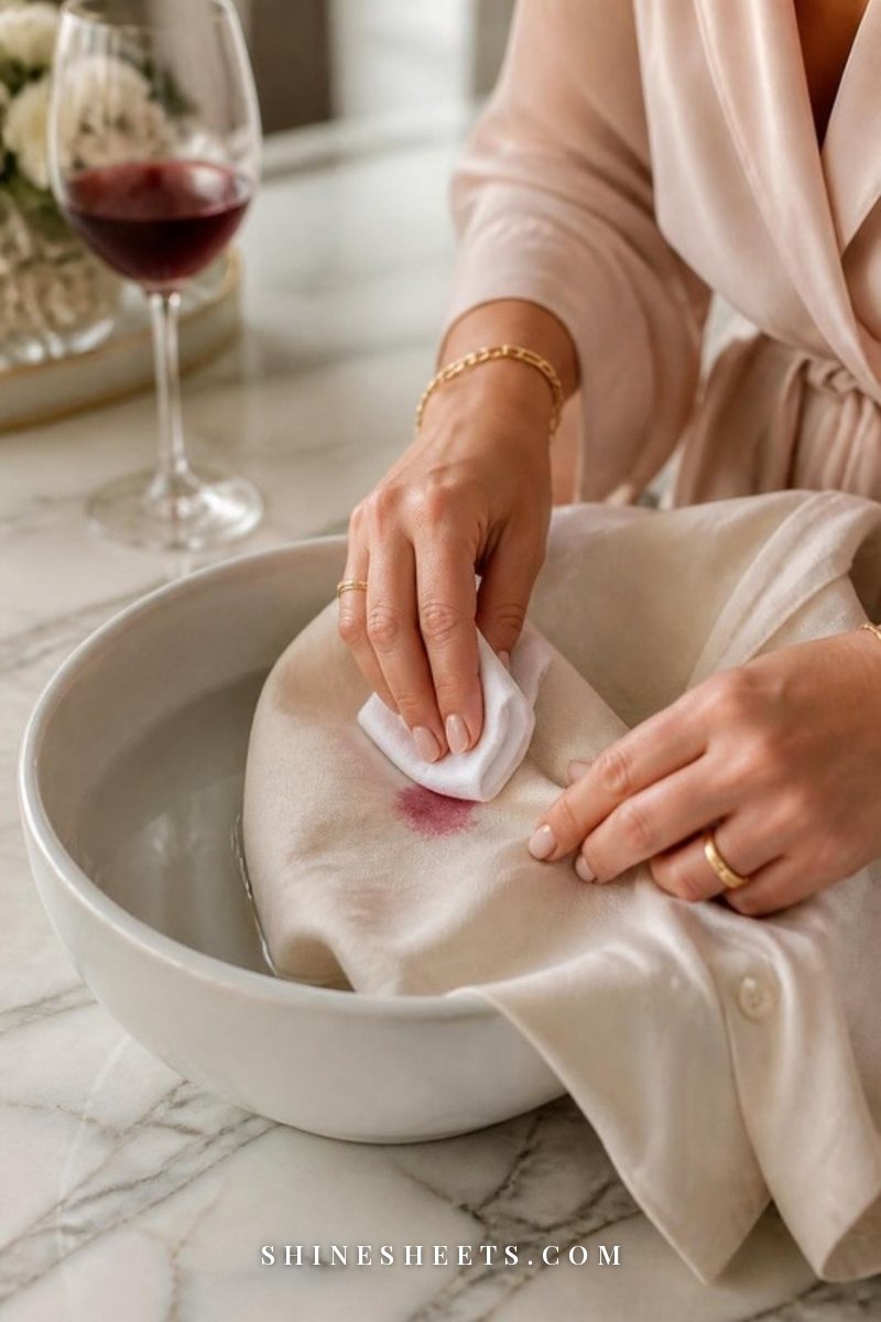 Hands dabbing a small red wine stain on a cream linen shirt with a white cloth over a white bowl of water