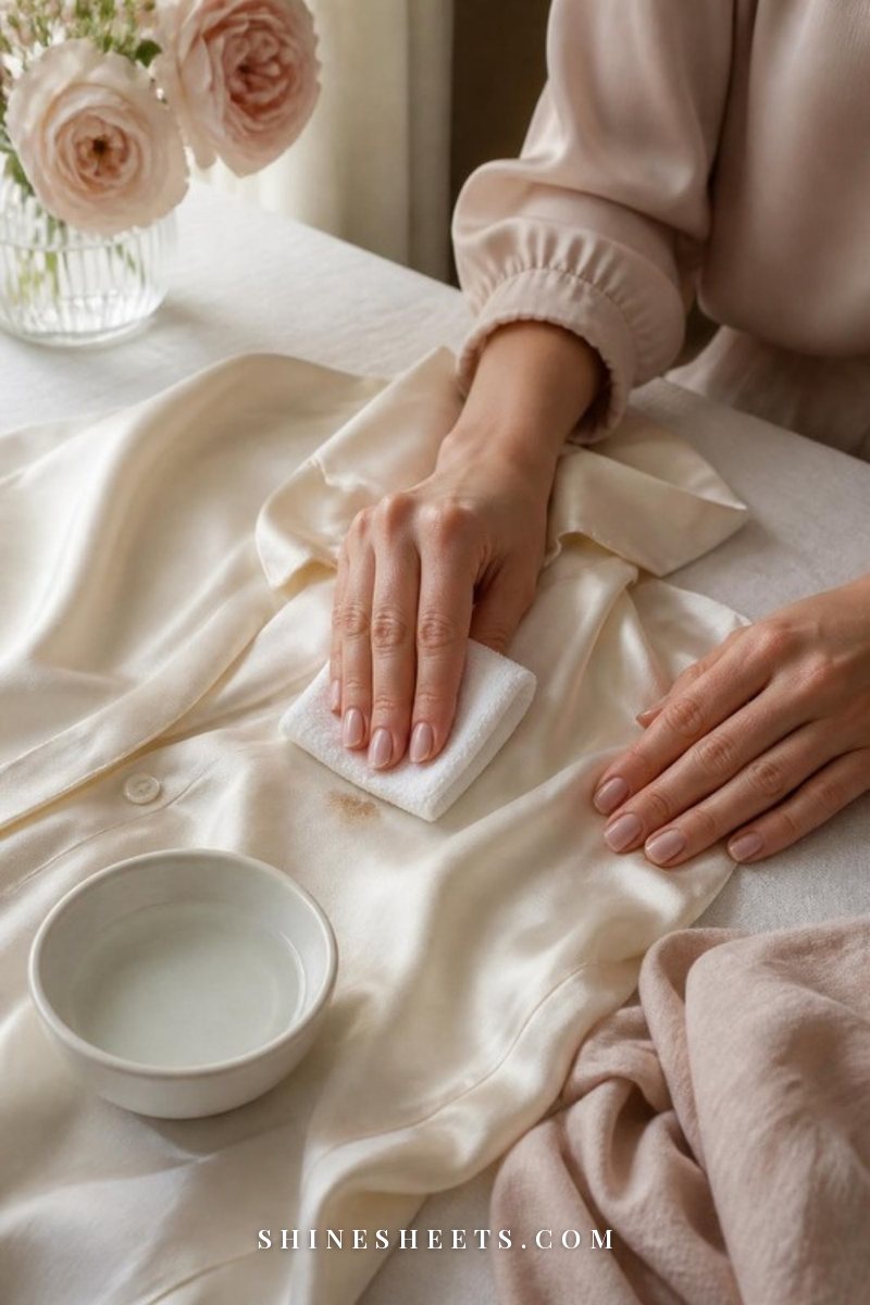 Hands gently blotting a small coffee stain on a cream silk blouse with a folded white cotton cloth