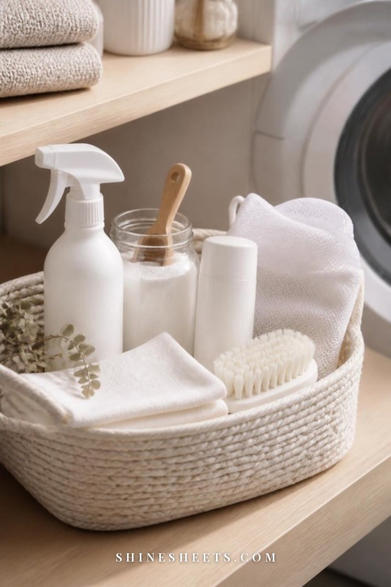Mini stain kit on a cream shelf: white spray bottle, oxygen bleach jar, stain stick, white soft brush and white mesh laundry bags