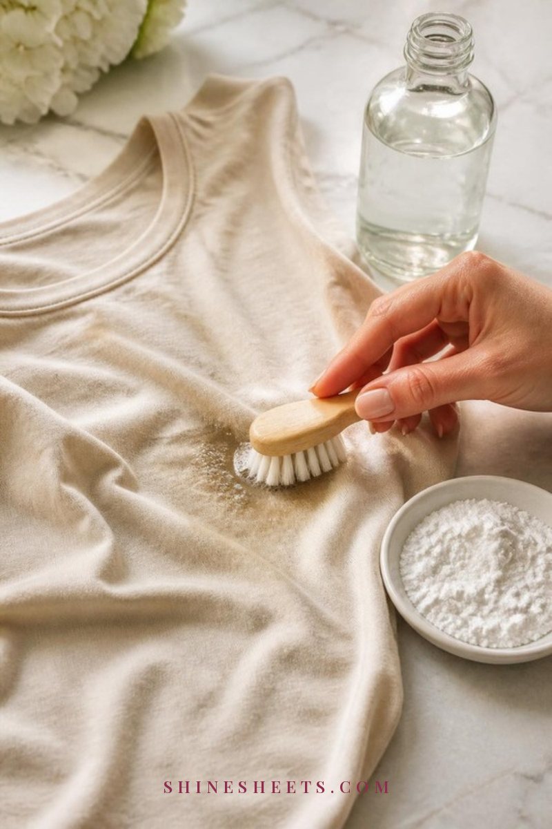 White soft bristle brush working clear dish soap into a small oil stain on a beige cotton T-shirt on a marble counter