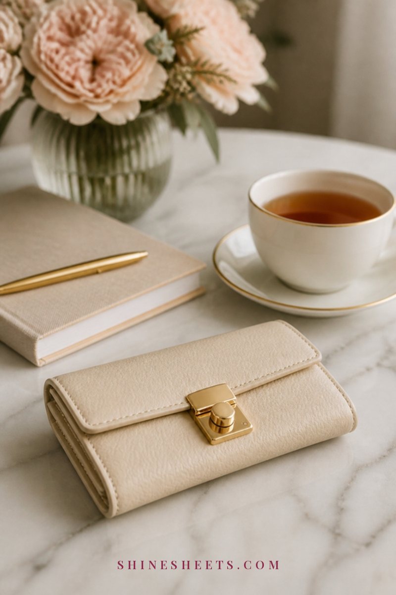 A closed cream wallet, a linen notebook and a cup of tea on a white marble table in calm daylight