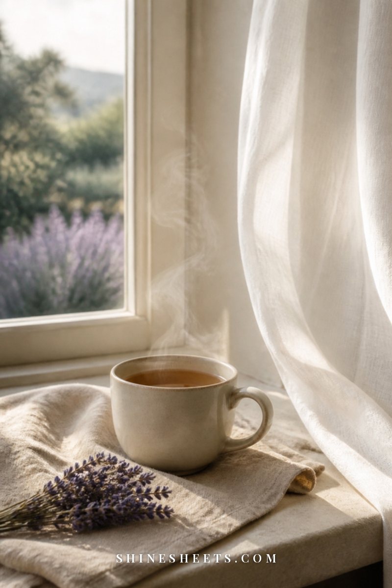 A cream ceramic mug of herbal tea and a closed linen journal on a soft beige blanket by a window