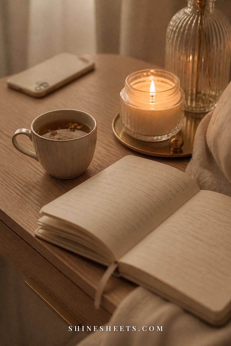 A glass jar candle, a cup of herbal tea and an open cream journal on a nightstand in warm evening light