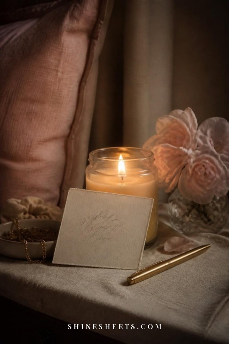 A small cream card with soft illegible handwriting, a gold pen and a glass candle on a linen tablecloth