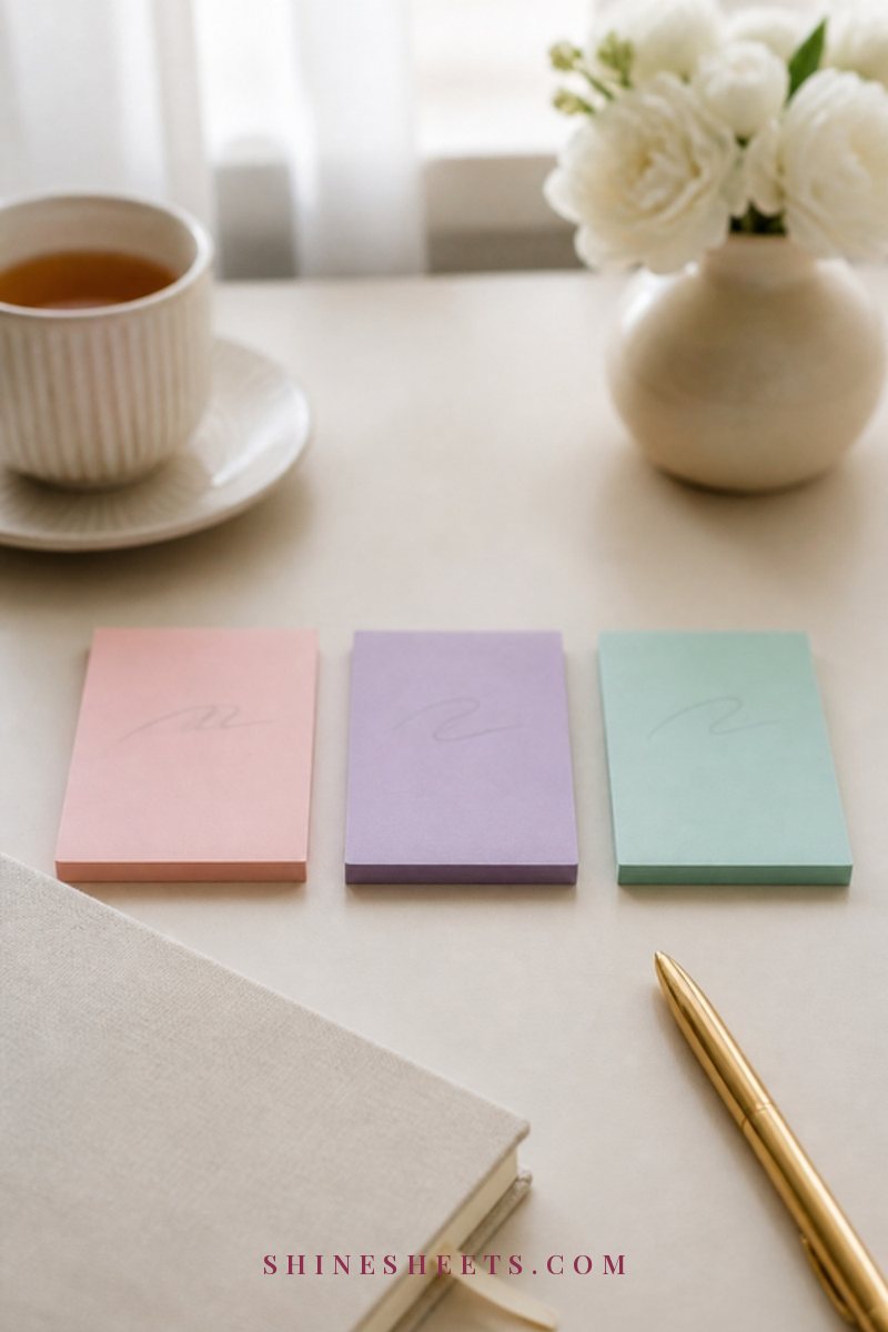 A tidy cream desk with a closed planner, a gold pen and a cup of coffee in soft morning office light