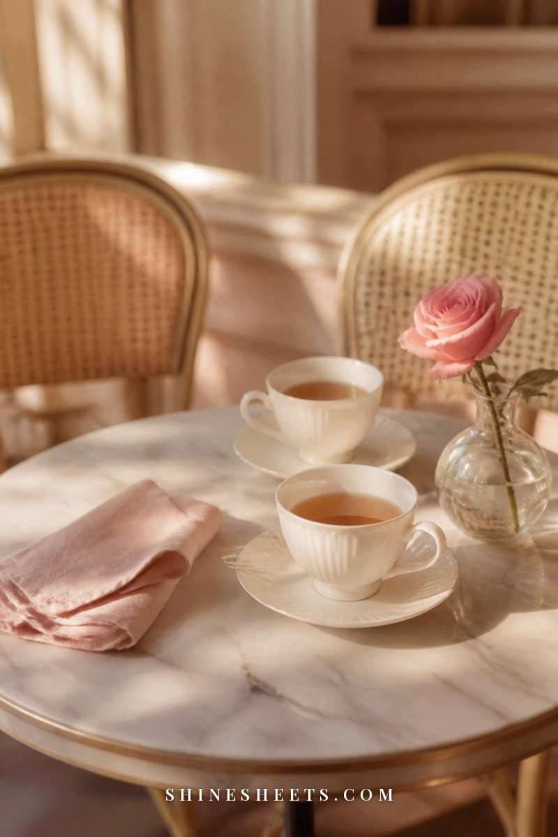 Two cups of tea on a small café table with a blush napkin and a single rose, no people