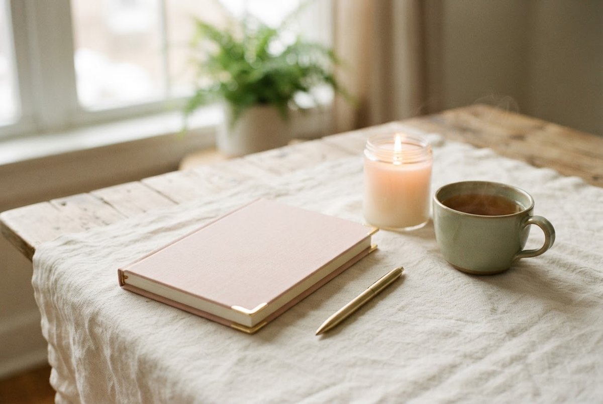 Blush weekly planner, a pen, a glass candle and a cup of tea on a cream linen tablecloth in soft light