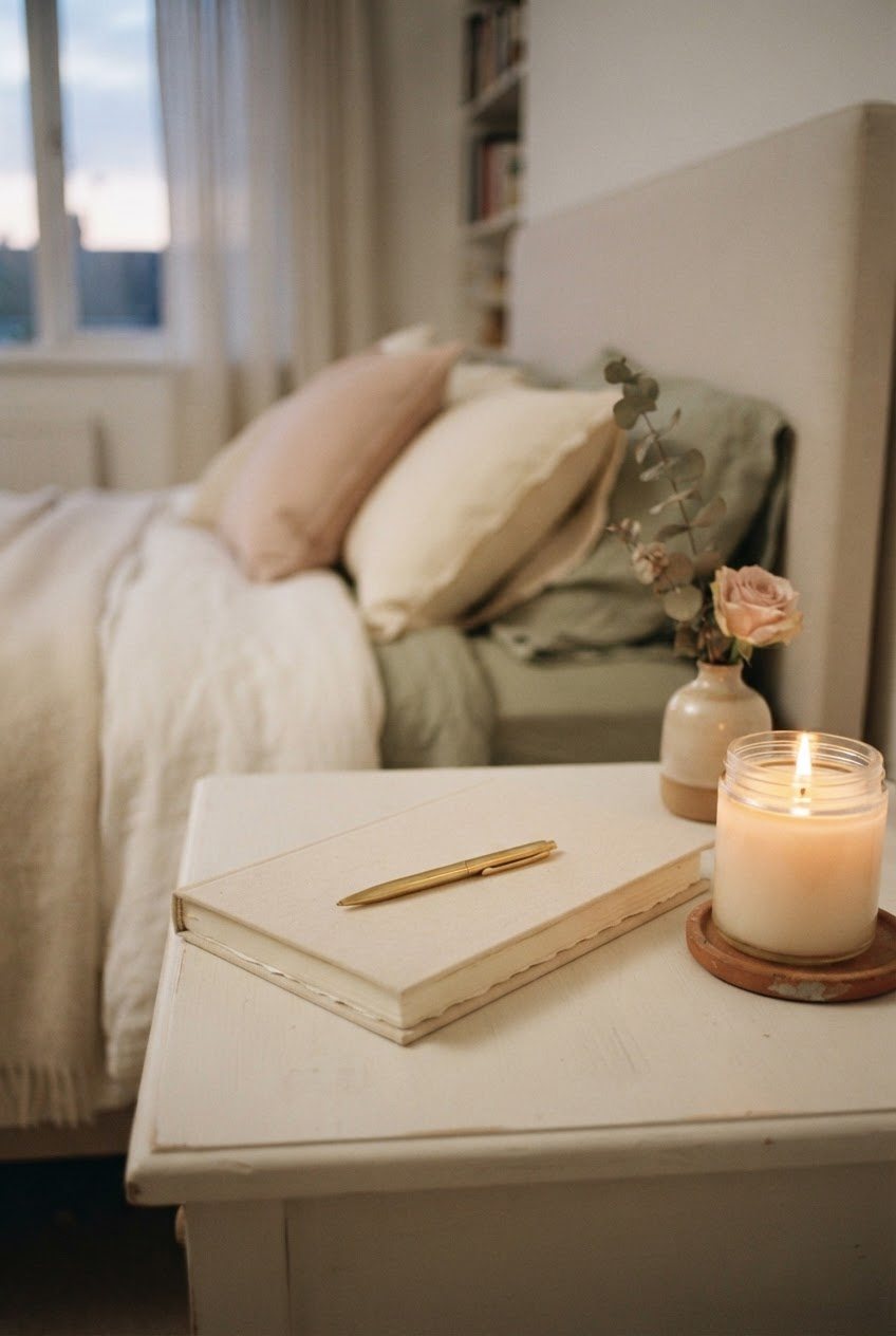 Cream guided journal, a pen and a lit candle in a glass jar on a white bedside table in warm evening light