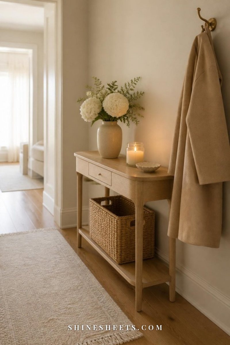 Calm cream entryway with a wooden console, a woven basket, a glass candle and a beige wool coat on a hook