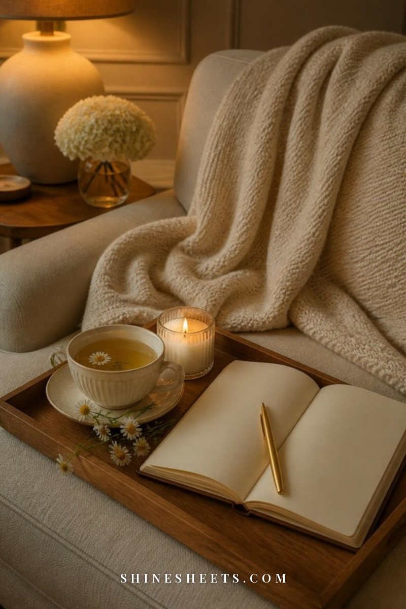 Cozy evening still life with a cream blanket, a glass candle, a cup of herbal tea and an open blank journal