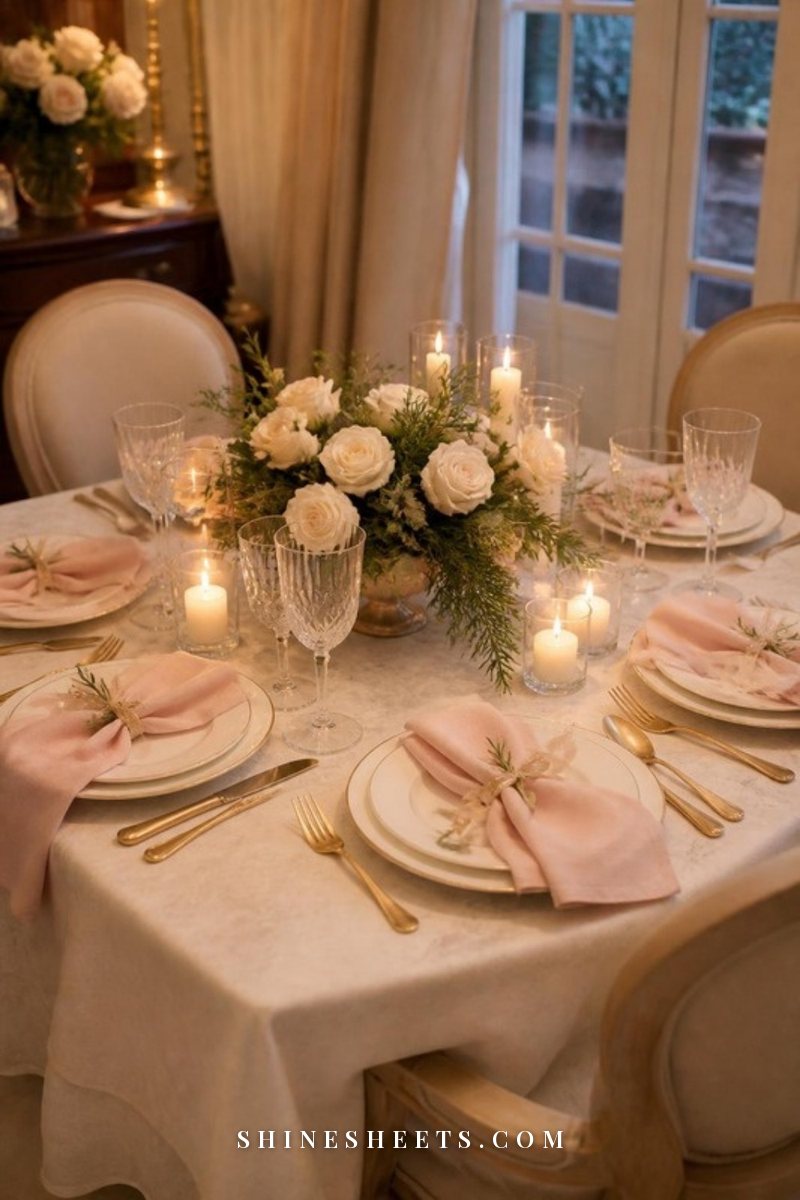 Small elegant holiday table for four with cream linen, gold cutlery, blush napkins and glass candles