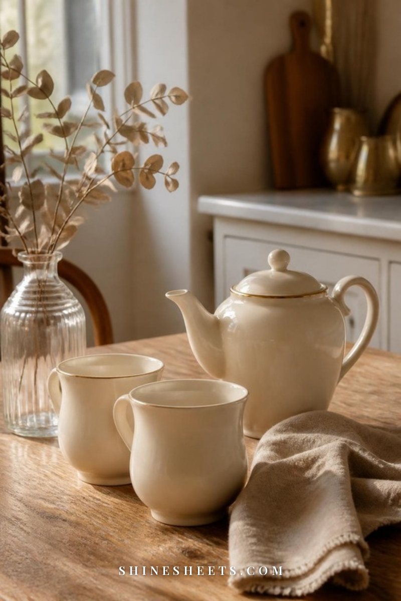 Two cream ceramic mugs and a vintage teapot on a worn wooden kitchen table in soft morning light