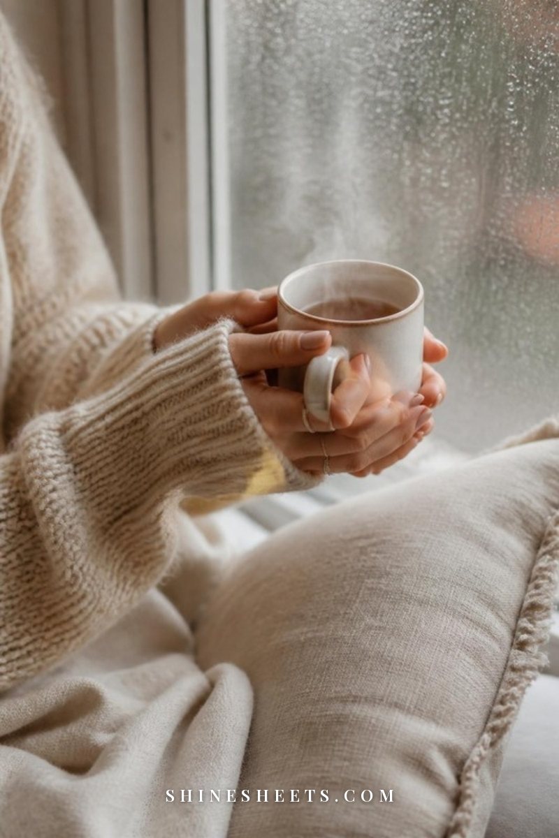 A woman's hands in a cream knit sweater holding a warm mug of tea by a rainy window