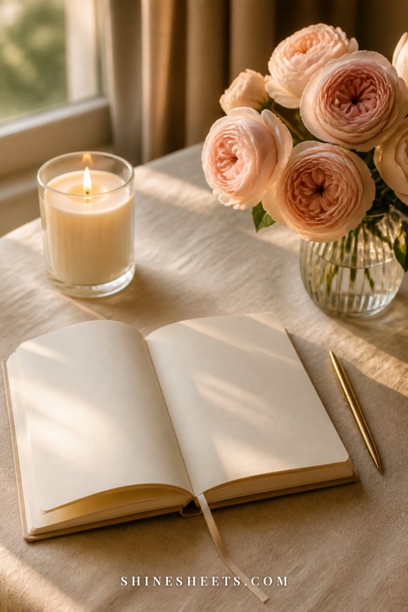 Cream guided journal open on a beige linen tablecloth beside a lit candle in a glass jar and a small vase of blush roses