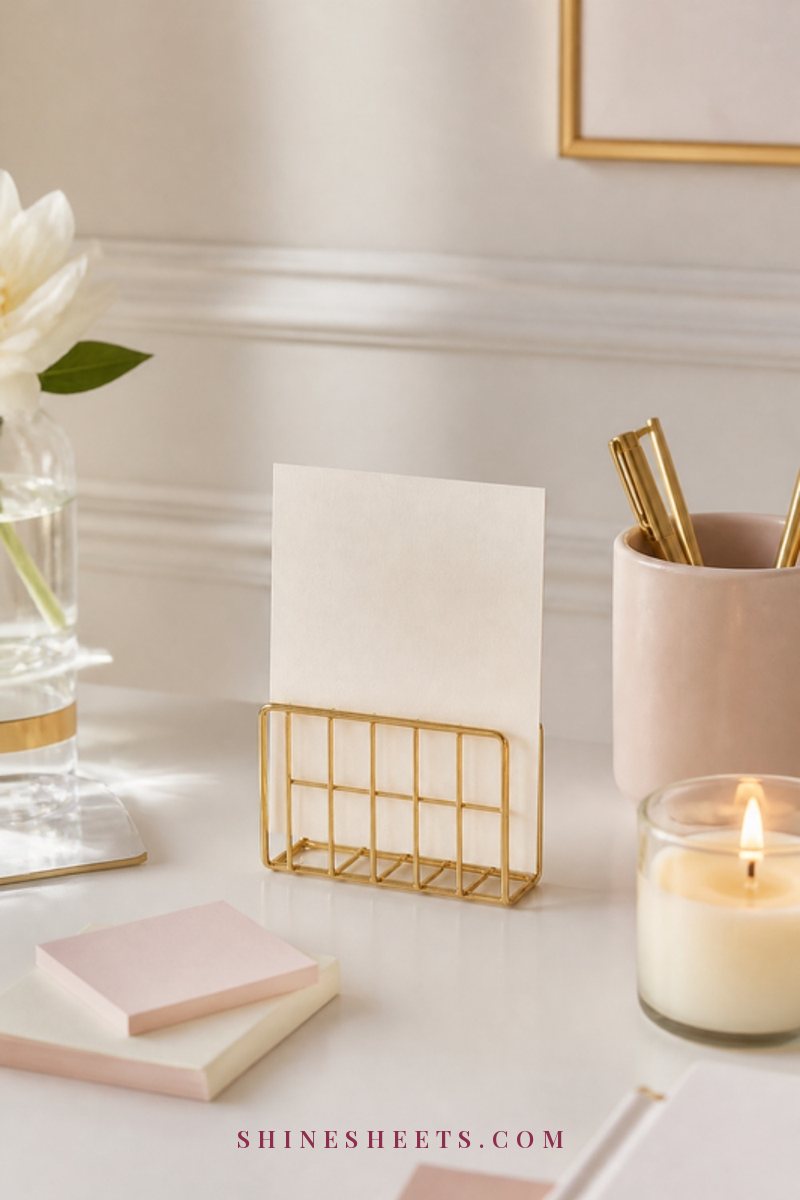 Gold desk card holder with a blank cream card on a white desk beside a small glass candle and pastel sticky notes