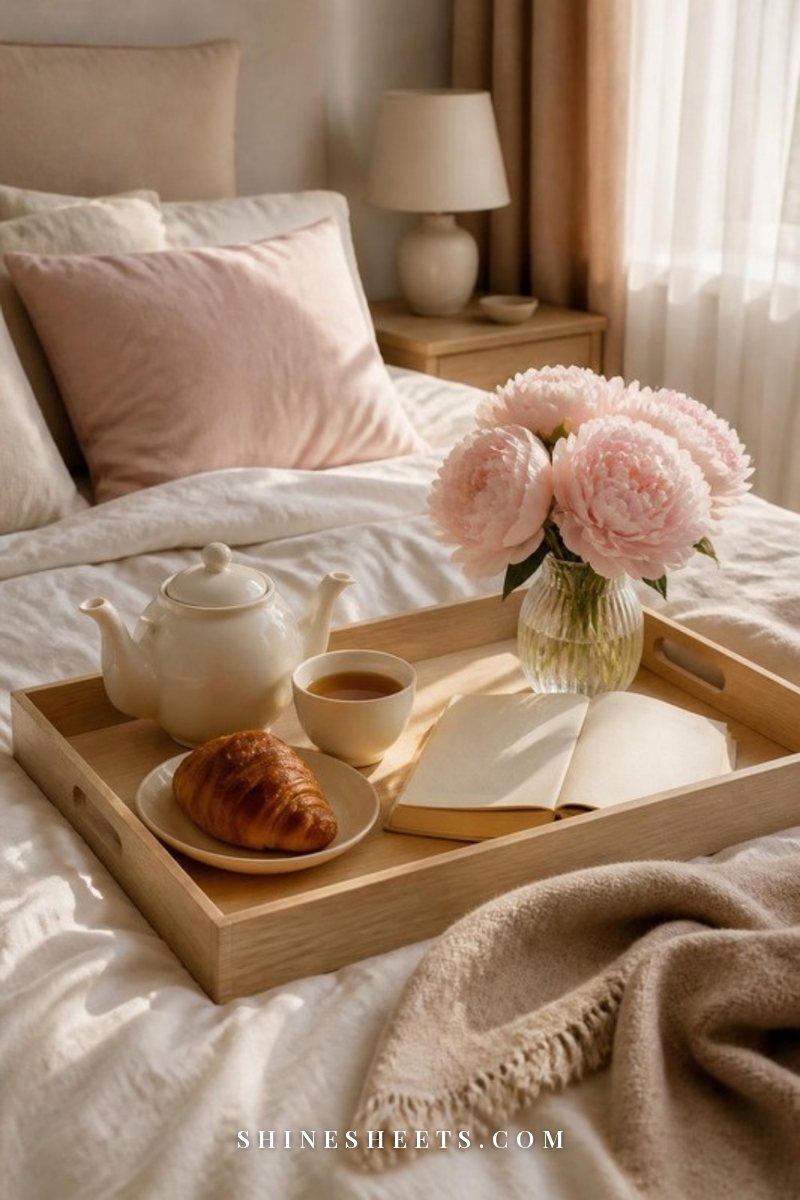 Breakfast tray with tea, a paperback book and fresh flowers on a white linen bed in morning light
