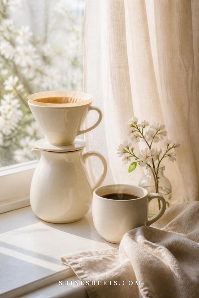 Cream ceramic pour over coffee set with a cup on a sunlit windowsill beside a linen napkin