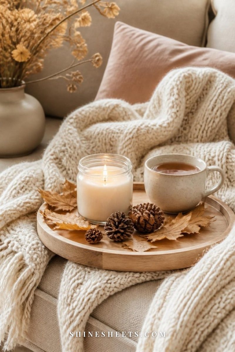 Lit glass candle on a wooden tray with dried autumn leaves, a cream knit throw and a cup of tea