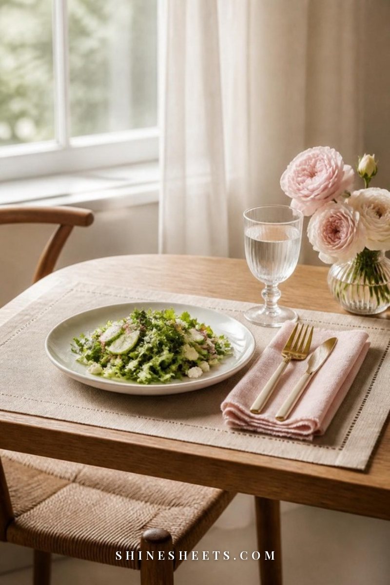 Table set for one with a linen placemat, ceramic plate, glass of water and a small vase of flowers by a window