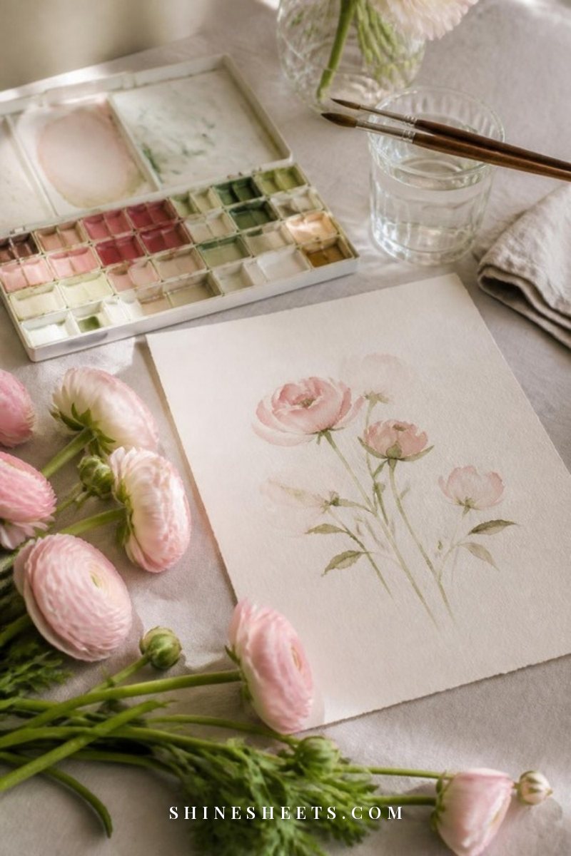 Watercolor brushes, a palette and a loose floral painting on cream paper on a linen tablecloth