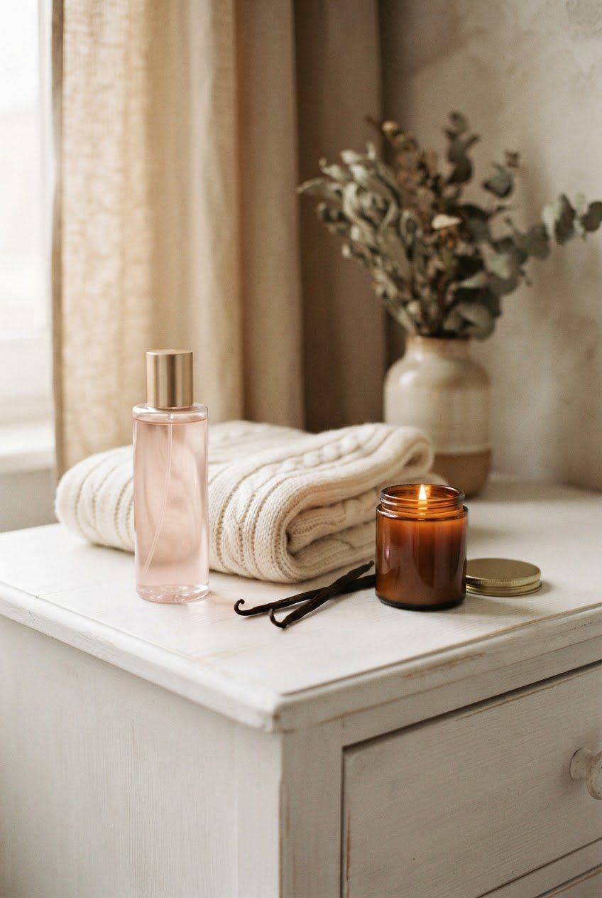 Blush body mist bottle, a cream knit scarf, dried vanilla pods and a lit glass candle on a white dresser