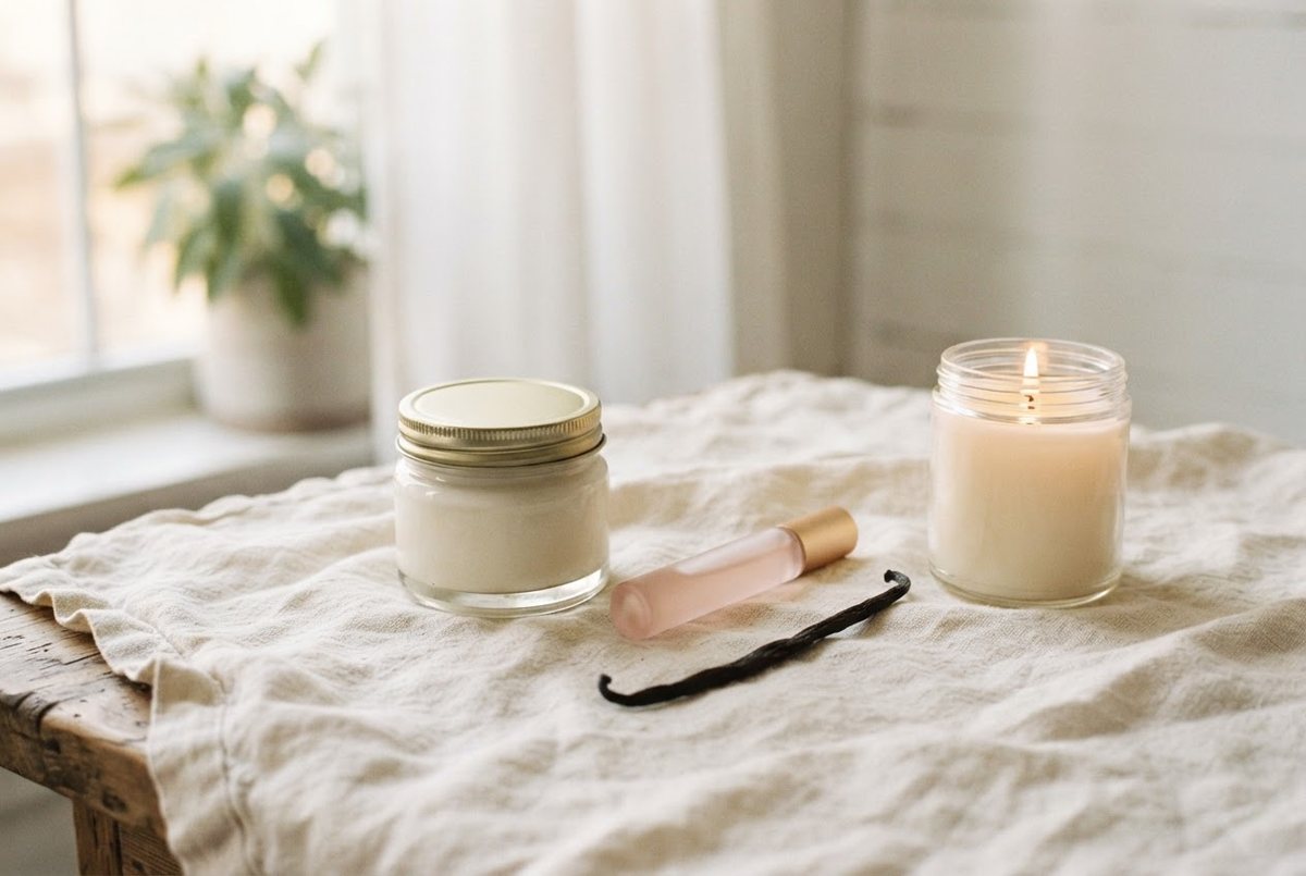 Cream body lotion jar, a blush rollerball bottle, a vanilla bean and a lit glass candle on a cream linen cloth