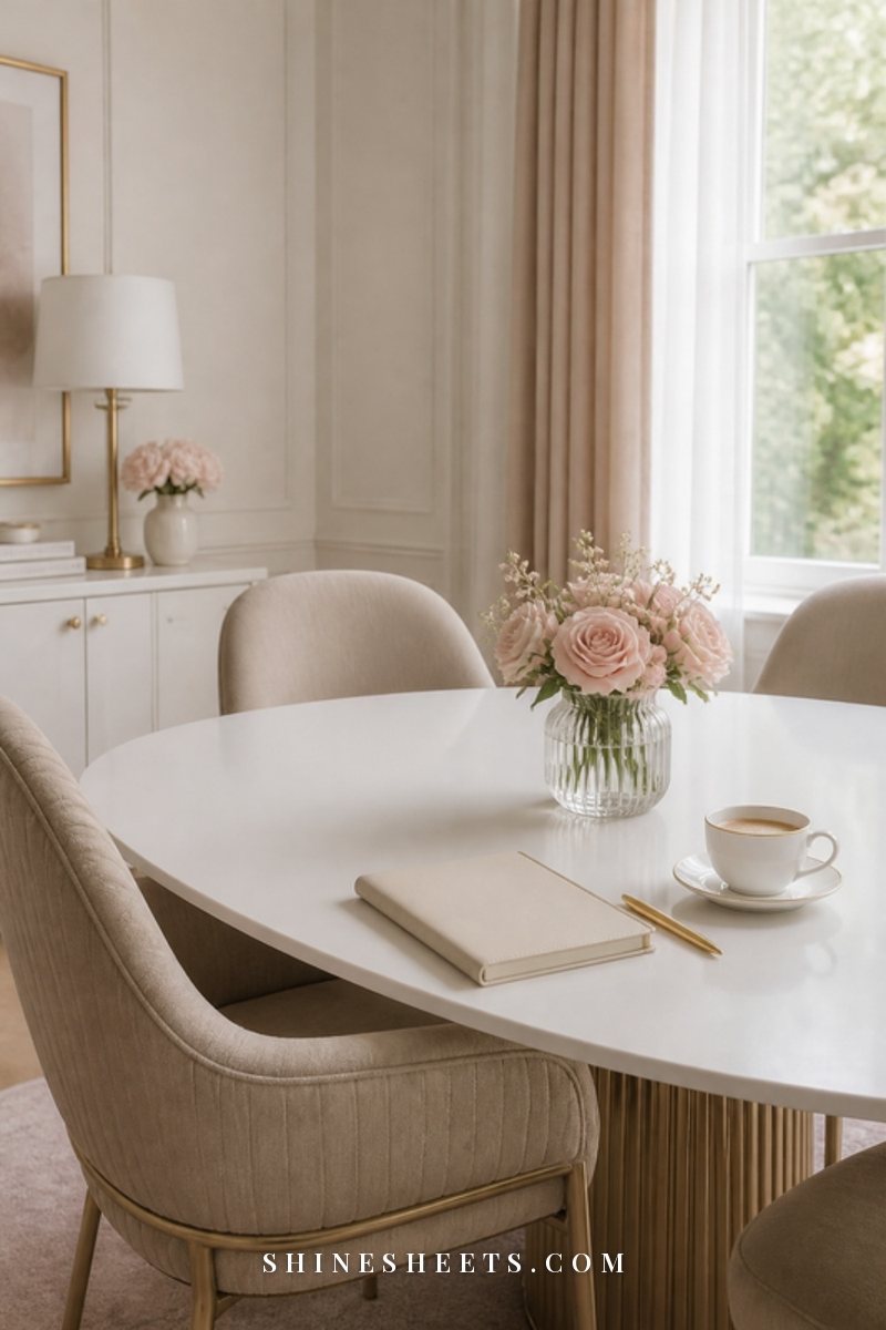 Bright meeting table with a cream notebook, a pen and a cup of coffee in front of a beige upholstered chair