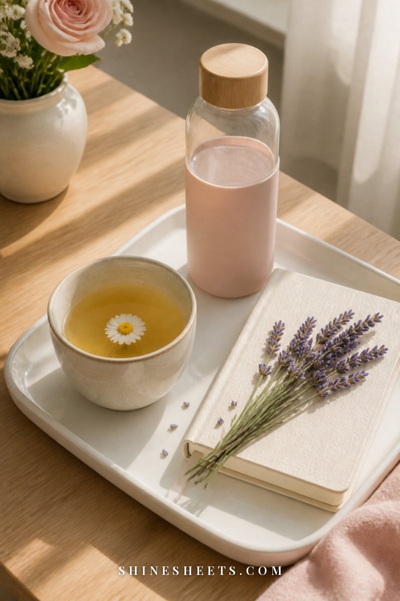Cup of herbal tea, a glass water bottle and a small cream notebook on a white tray in soft morning light