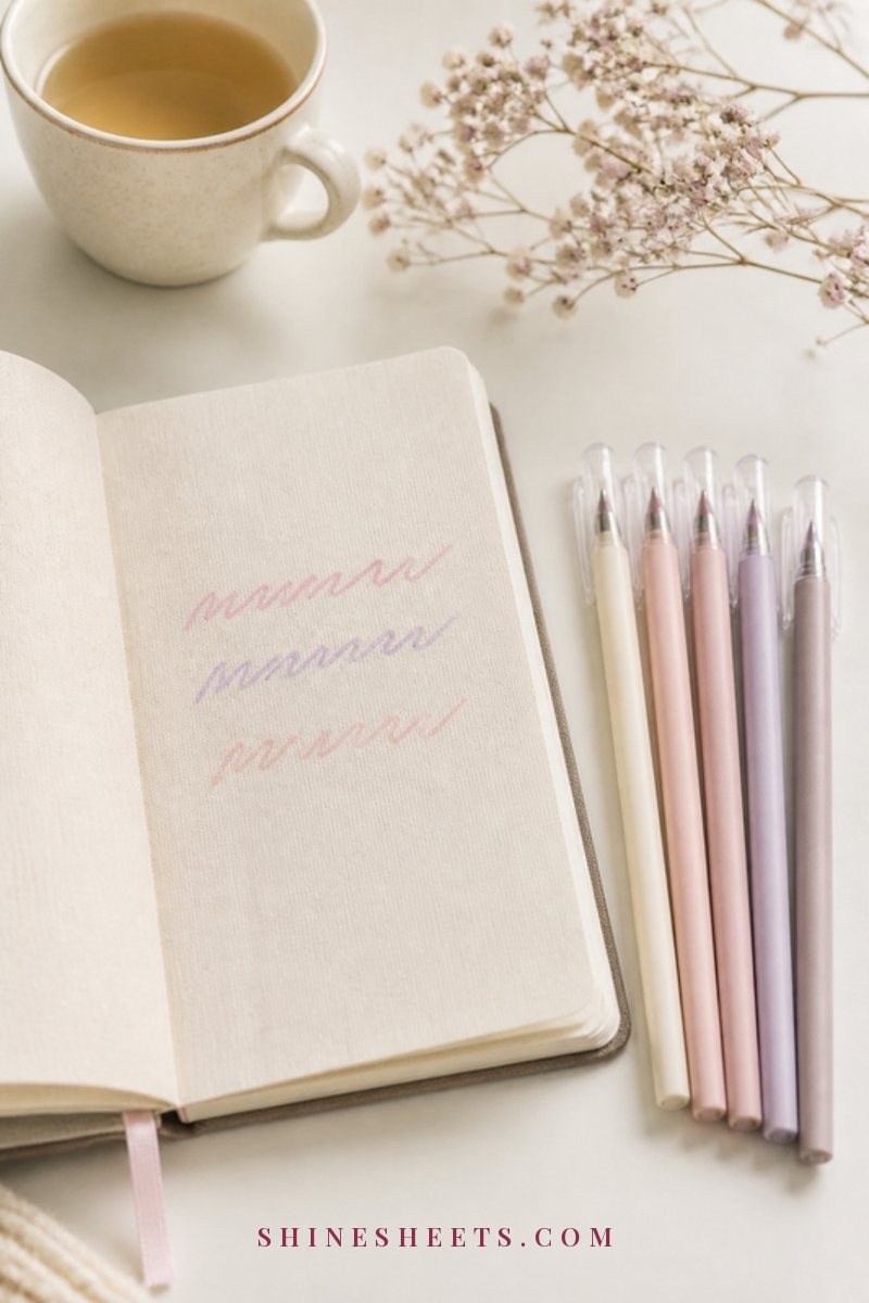Small cream notebook open on a white desk with three short lines of soft pastel scribbles, gel pens and a cup of tea