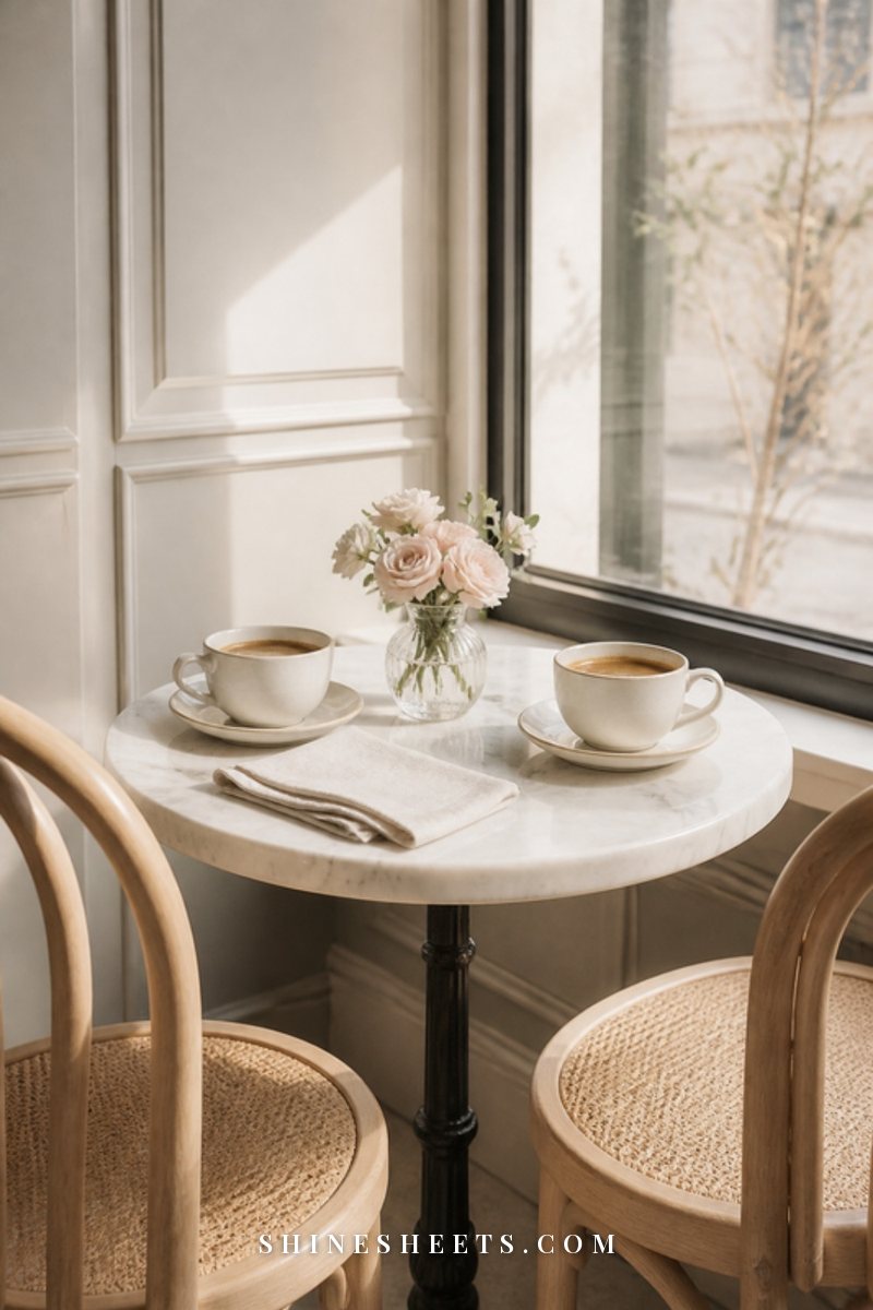 Two cups of coffee on a small round marble cafe table with a cream napkin and a vase of blush flowers