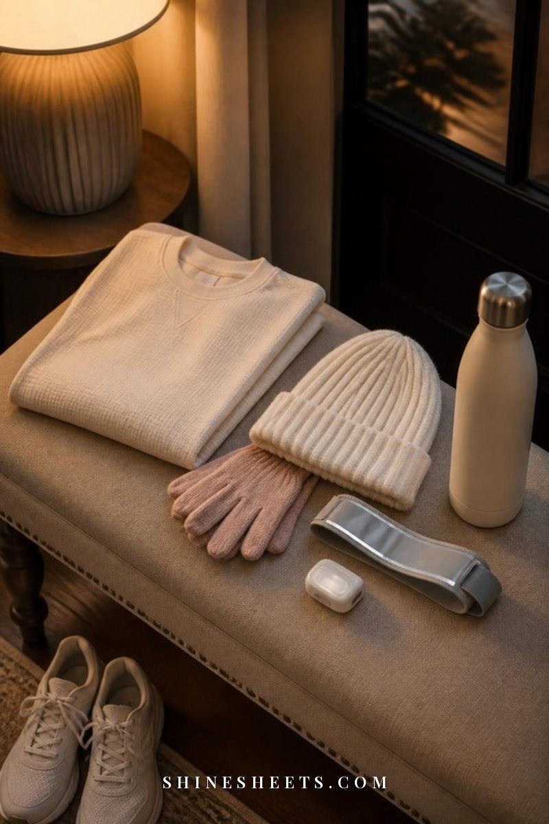 Cream thermal running top, reflective armband, white beanie and insulated bottle laid out on a beige bench