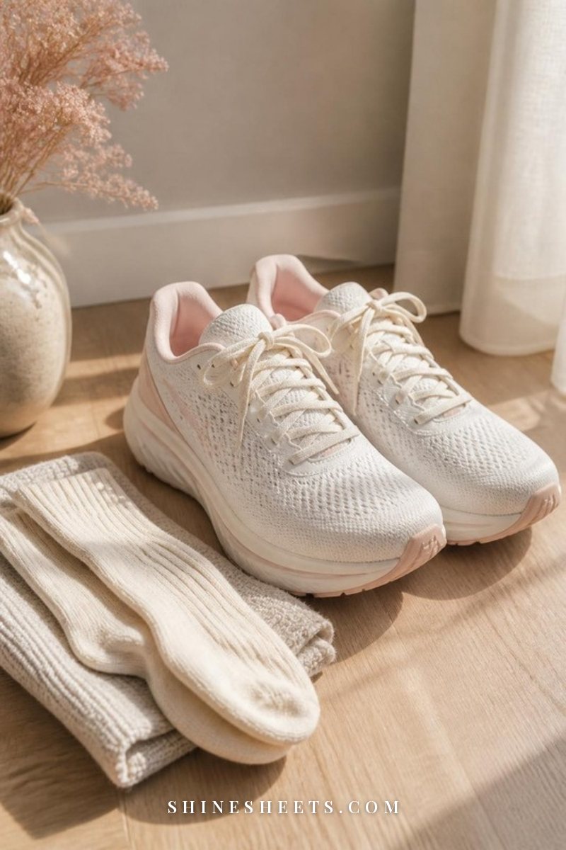 Pair of white and blush women's running shoes with cream laces on a pale wooden floor in soft light