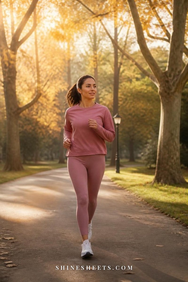 Woman in blush activewear jogging lightly along a tree-lined park path in soft morning light