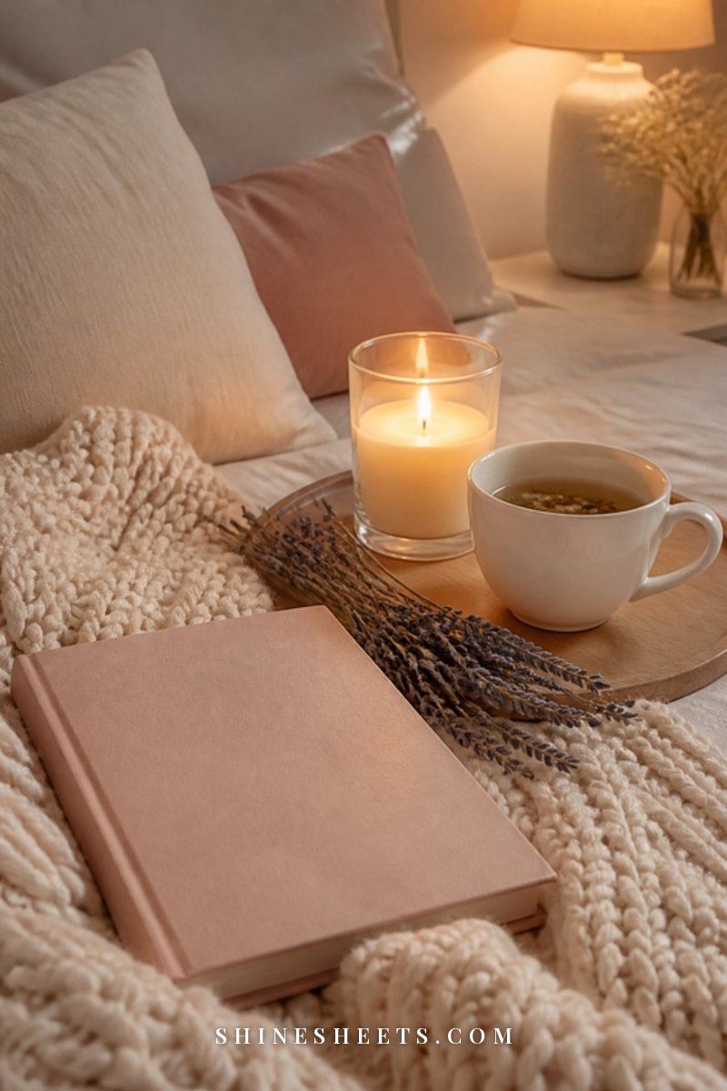 Cream knit blanket, a self-care workbook, a lit glass candle and a cup of tea on a soft bed at dusk