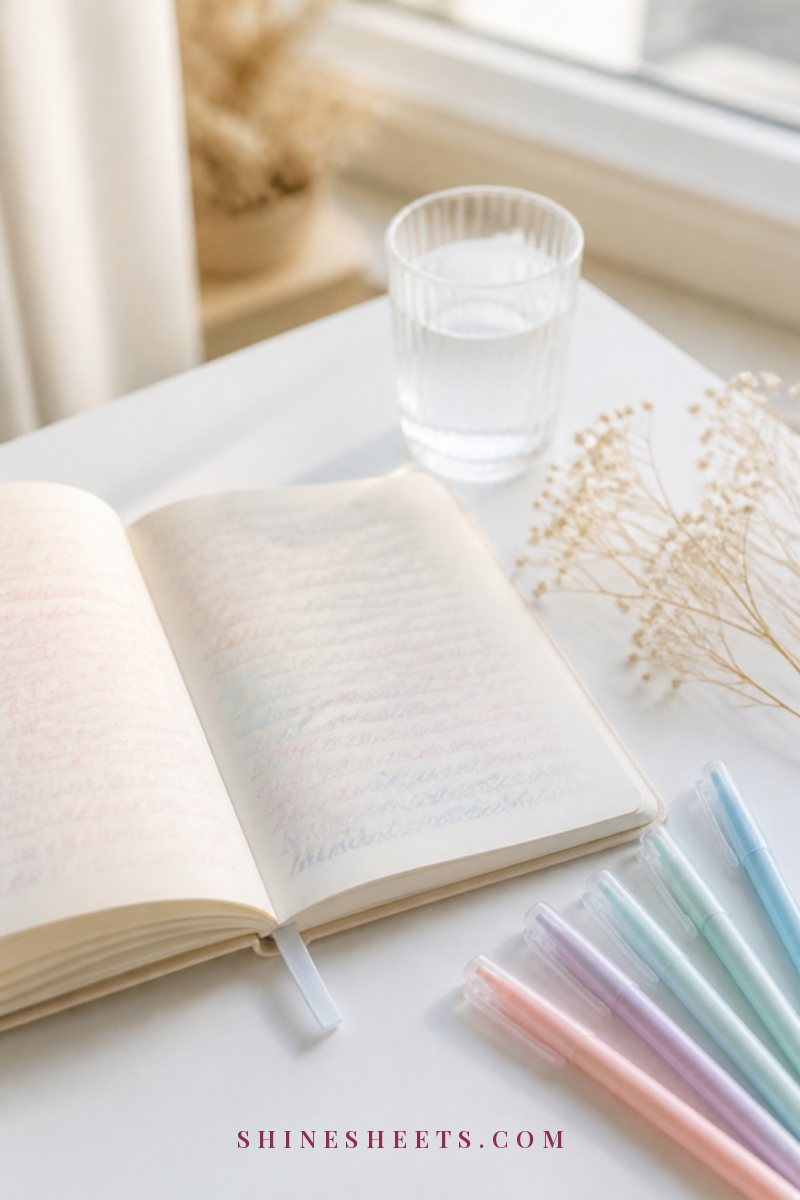 Open cream journal with soft illegible handwriting, pastel gel pens and a sprig of dried flowers on a white desk
