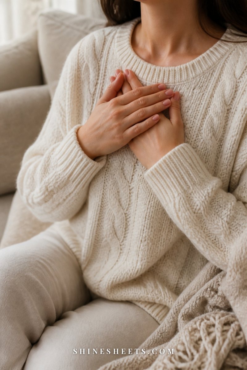 Woman's hands resting over her heart on a soft cream knit sweater, sitting on a linen sofa in warm light