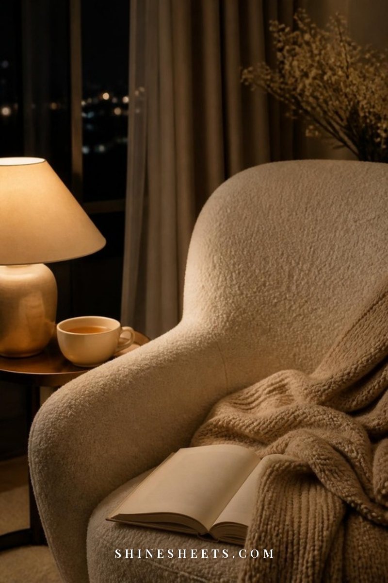 Cream armchair with a knit throw, a softly glowing warm lamp, an open book and a cup of tea in a dim calm room at night
