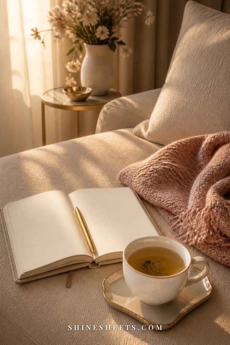 Open cream notebook, a pen and a cup of tea on a linen sofa in warm early evening light
